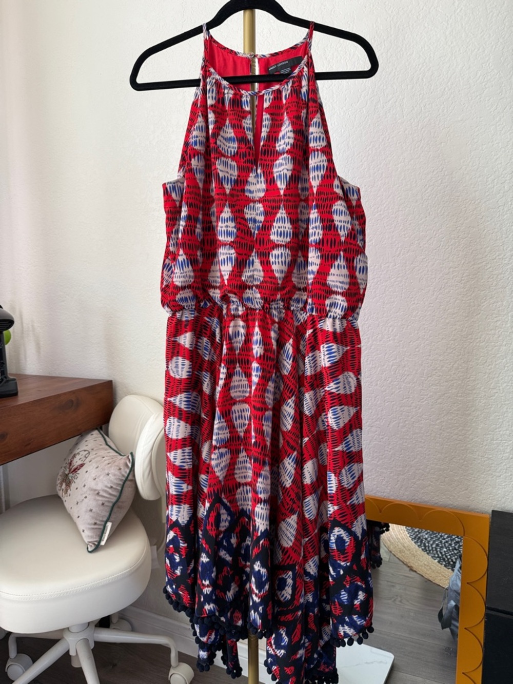 Maggy London Red and Navy Printed High-Low Halter Dress